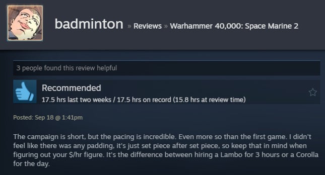 Screenshot of the article titled Warhammer 40,000: Space Marine 2, As Reported by Steam Reviews